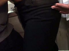 Cum thirsty blonde stands on her knees and polishes meaty cock of her boyfriend. Later she eats hos sticky juice and rolls her eyes with pleasure.