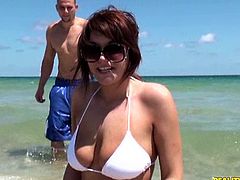 Slut with big-ass tits goes for a splash wearing a white t-shirt and then she comes out all wet and tight, check it out right here!