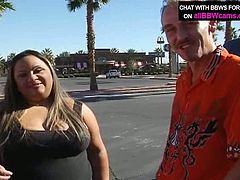 Horny dude picks up fat ass bitch at the parking lot. When they are in the studio slutty BBW woman takes off her clothes in front of the camera. She takes hard dong in her mouth sucking the stem like tasty lollipop.