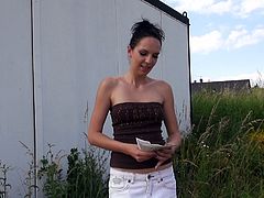 Greedy for cash brunette slut is ready to polish your dick outdoor. She stands on her knees and sucks dick greedily. Enjoy watching outdoor blowjob sex movie.