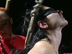 This appetizing brunette chick is bound hand and foot. Cruel mistress knows how to make punishment effective so she clamps clothespins on her slave's tits.