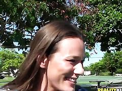 Brunette with juicy bottom and clean bush gets throat banged by mans erect love torpedo