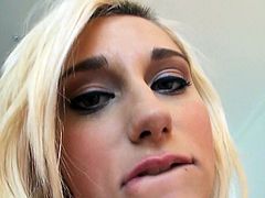 Naughty blonde girl with small tits work her mouth lips on a hard stick. After giving hot blowjob she takes the rod in her throbbing wet pussy from behind.