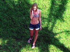 Chloe Brooke is Caucasian girl with small tits and skinny ass. She walks in the hotel room wearing tiny bikini top and jeans shorts. She looks damn hot in the outfit. Chloe takes hard dong of her lover in her mouth sucking it like there's no tomorrow.