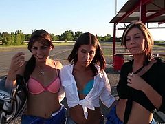 In this amazing compilation you will see some pretty chicks having fun outdoors. They lick each others pussies and also ride massive dicks.