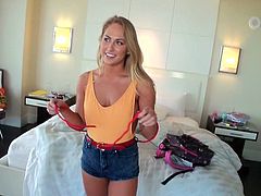 Beautiful blonde girl with tanned skin poses for the guy. Then she lies down on a bed and gives him nice blowjob. After that she gets fucked doggystyle and cowgirl in POV video.