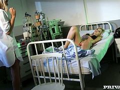 Naughty blonde chick gets horny at the hospital. So she takes off her panties and starts playing with her wet pussy hole. Kinky nurse catches her masturbating on a bed when she enters the room. She decides to join her.