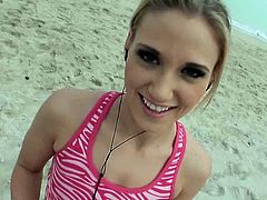 Pretty blonde babe jogs on the beach. Then she comes home and have an amazing sex. She sucks big dick and then gets rammed in her shaved pussy.
