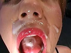 Short hair blonde babe gets covered in jizz and made to swallow like sluts