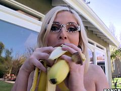 Christie Stevens is a shapley enchantress with curves in all the right places. Dirty-minded gal has her own way of finding pleasure in food. She likes to pretend a banana is a cock and suck on it.