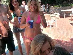 Lovely girls give a titjob and a blowjob in POV video. Later on these blonde hotties get fucked from behind.