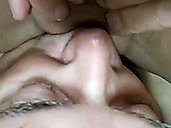 Dirty talking girl inserts her boyfriend's cock in her pussy and then starts to ride him. She can't resist to moan and once her man cums in her pussy, she wants him to eat her and clean up.