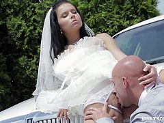 Bestman stopped the limousine on the quiet road and got laid with amazingly hot brunette bride Victoria Blaze. Shameless whore got on her knees and sucked that big fat cock with pleasure.
