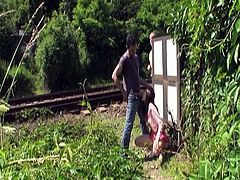 Young couple are having fun near the railway when they got joinned by a stranger. He helped this dude and they satisfied this horny teenie in her mouth and cunt.