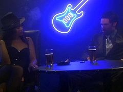 Curly hooker comes to the bar to pick up some handsome man and have passionate quickie. She chooses the victim and seduces him. Lusty woman reveals hard dick out of dude's pants. She starts sucking his greedily.