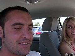 Stunning blonde mommy with big round boobies gives ride to one lucky stud. Hot MILF takes him to her house and treats his big thick cock with a blowjob.