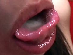 Slim asian doll gives great blowjobs before having her mouth filled with jizz