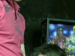 Young stud got blindfolded by his cute girlfriend and the gay waiter is ready to surprise him. Watch as he sticks his stiff cock into his mouth then bangs him from behind.