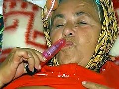 Chunky grandma lies in bed all alone fucking her hairy snapper with dildo. She gives blowjob sucking old dick and gets her old fetid snatch licked.