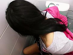 Kristyna is ready to please and satisfy any whim for money. So she has filthy quickie in a public toilet. She sucks his dick deepthroat before getting hammered deep in her cunt doggy style. The clips is filmed from POV.