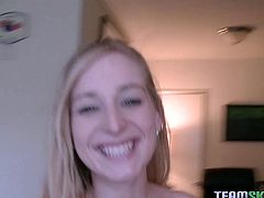 Watch this horny chick getting fucked in her wet and tight pussy by her new boyfriend in his bedroom in Team Skeet sex clips.