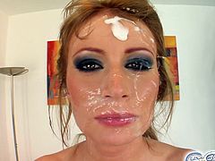 Have a look at this hot scene where this sexy blonde ends up with her pretty face covered by cum after being gangbanged.