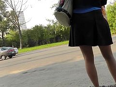 Needy voyeur feels horny while watching babe's sexy panyhose in outdoor upskirt action
