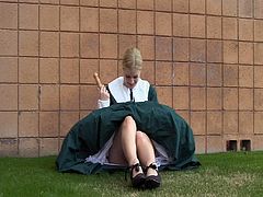 Insolent Danielle plays very naughty with her shaved twat in sexy outdoor solo