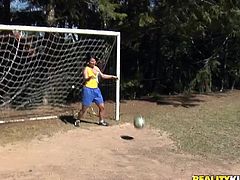 Dani Lopez the slutty Brazilian chick plays soccer. She gets very horny. So, she takes her uniform off and starts to suck big black cock. Later on she also gets fucked on the field.