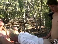 Naked Sword brings you an amazing free porn video where you can see how three wild gay twinks set a naughty threesome in the woods while assuming very hot poses.