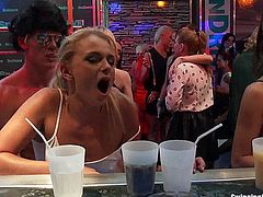 Naughty club tramps sucking and fucking hard cocks in public