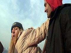 Watch this hot and sex crazed couple in this outdoor video, where you will see them getting naughty with each other in this snow covered field.This babe sucks her lover's cock and gets her tight pussy licked and fucked on the snow.