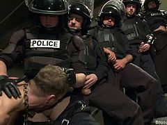 Get excited watching this video where a bunch of police officers obligated an internee to suck their poles till they finally destroy his asshole!