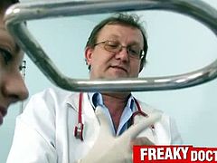 Exclusive Club brings you a hell of a free porn video where you can see how a hot brunette gets her tight cunt examined by a bizarre doctor while assuming very interesting poses.