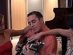 Music teacher fucks 2 sexy nympho babes who are more interested in his own instrument than the guitar! They work as a team and suck his dick so passionately and then they lick it up and down until all his sperm comes out in their mouth.