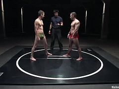 Masturbate watching these two gay dudes wearing tiny shorts fighting hard to see who gets drilled first. These guys love hardcore shit!