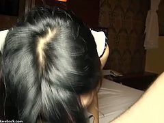 Ladyboy Natty is dressed as a babydoll and wastes no time, but starts blowing his big cock immediately. It is hard as a rock now and slides easily into her asshole.