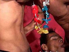 Kaike Montani has a hot party with Rick Solares and Tony. They dance with each other provocatively and then Kaike sucks both their cocks with an incredible appetite.