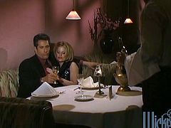 As soon as the waiter leaves, this couple can't hold it anymore. Straight on the table, the guy licks his blonde wife's shaved cunt and fucks her.