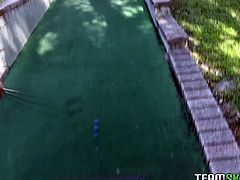 Provocative dark haired small boobs wench was done with fancy golf game and to praise this big booty chick trainer decides to give her his sugary cock deep throat. Look at this dirty play in Team Skeat porn video!