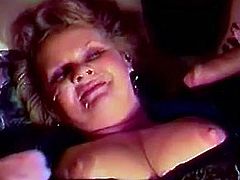 Chubby slut with huge melons gets hard cock in her twat by two nasty and horny dudes, she screams loud during that wild threesome sex.