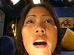After having her shaved twat drilled well, Asian slut gets covered in jizz