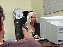 Bulky blonde shemale Holly Sweet is playing dirty games with Jay Huntington in an office. She pleases the dude with a blowjob and then they fuck in missionary and other positions on the desk.