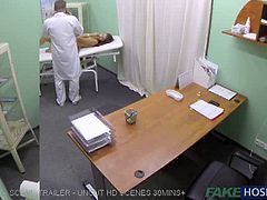 Watch this hot brunette babe with Juicy natural tits checked up and then lately this pervert doctor fingers her tight pussy and fucks her hard till he cums on her sexy legs.