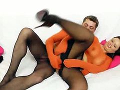 Insatiable horny dude in pantyhose drills soaking vagina of his curvy GF through pantyhose in missionary and later in doggy style in sultry sex clip by Pantyhose Secret.