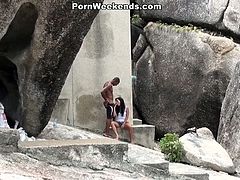Exciting outdoor interracial fuck scene is presented by WTF Pass. Here, spoiled brunette girl poses for camera half-naked. Then she gives hot blowjob while the guy films her from POV. Later on, she gets fucked doggy style upskirt.