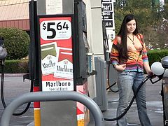 Playful brunette girl flashes her boobs at a gas station. Then she goes to the playground. Nadine rubs her pussy and shows boobs.