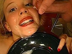 Her mouth is covered in jizz after she had a lot of hardcore sex