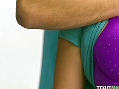 Kinky blonde haired chick takes off her sexy college girl outfit and gives her partner nice blowjob. He gets turned on and fucks her hard on the table in classroom.