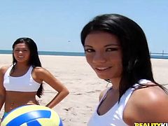 A sexy brunette and her awesome blonde GF get picked up by some dude at a beach. They go to a hotel room and the sluts satisfy the stud for money.